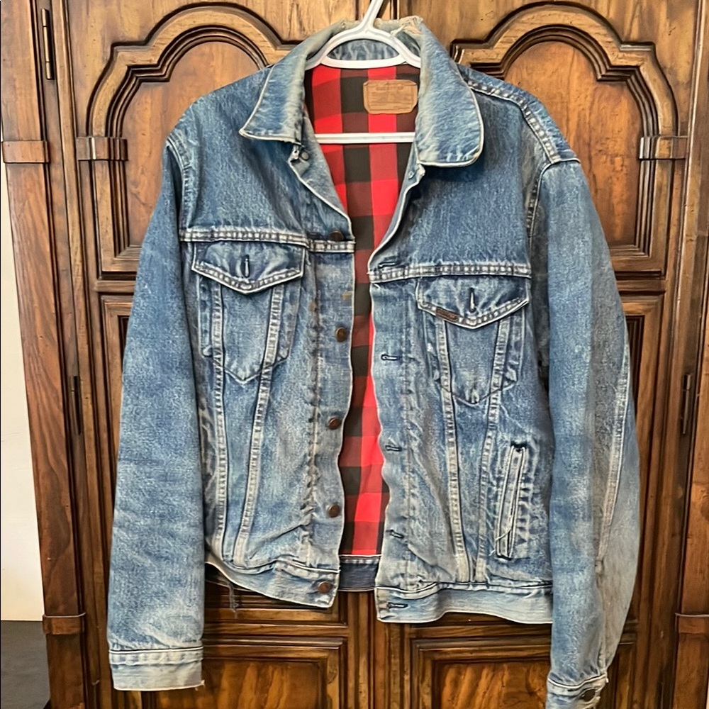 Vintage Roebucks  Blue Buffalo Plaid Lined  Denim Shirt Jacket 44 Tall